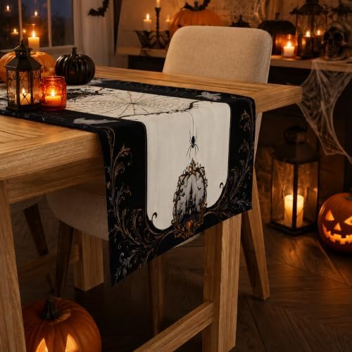 Halloween Decorations - Gothic Pumpkin Ghost Spider Web Table Runner