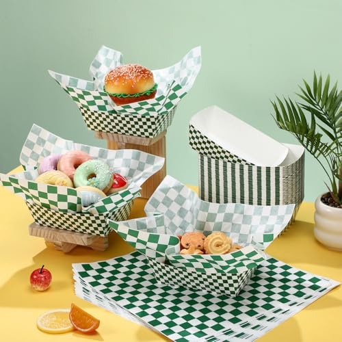 Geosar 100 Pcs Gingham Paper Food Tray with Wax Paper,Dark Green White
