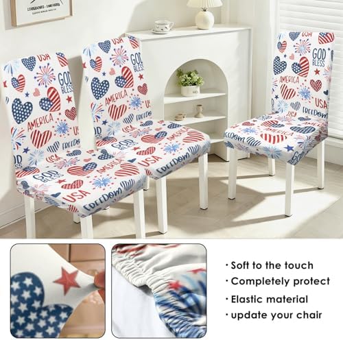 Independence Day Dining Room Chair Covers Set of 6,4th of July Fireworks Hearts Dining Chair Cover,Stretchy Removable Washable Dining Chair Cover,Suitable for 4th of July Kitchen Dining Room Decor