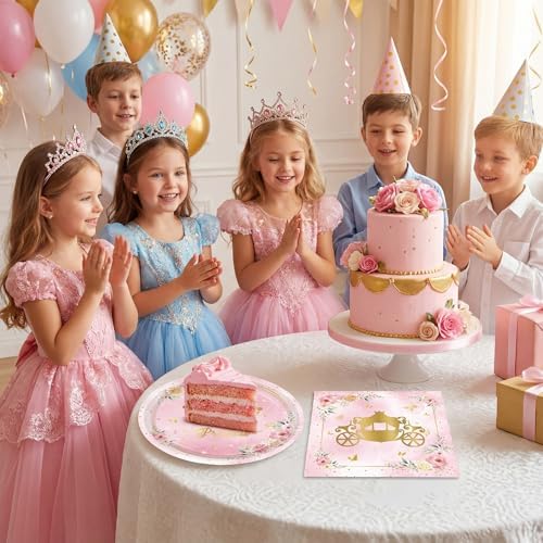 40Pcs Princess Birthday Party Decorations,Pink Princess Castle Birthday Themed Tableware Includes Paper Plates,Napkins Set for Kids Girls Baby Shower Fairy Tale1st Party Decorations,Serves 20