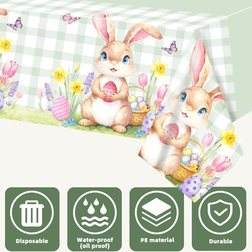 3 Pack Easter Bunny Tablecloth, Disposable Plastic Easter Table Decorations for Spring Party, Easter Decorations for Home, 54x108 Inch