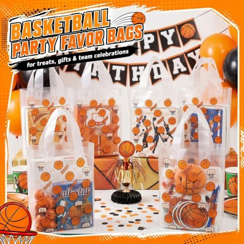 Pajean 24 Pcs Basketball Party Favors Plastic Gift Bags with Handles, 5.9 x 8.7 x 3.1 Inch Basketball Birthday PE Treat Bags, Sport Goody Bag for Classroom Exchange, Sports Event Supplies Decoration