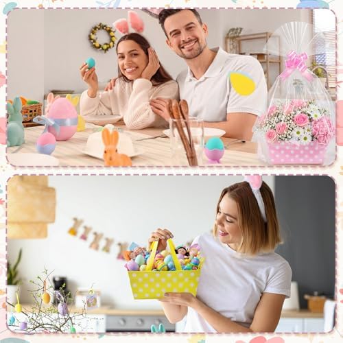 Moinchore 12 Set Pastel Polka Dot Basket for Gifts Empty 9.8x6.5'' Cute Macarons Market Tray Cardboard with Bows, Cellophane Bags, Twist Tiles, Empty to Fill for Summer Wedding Holiday Party Supplies