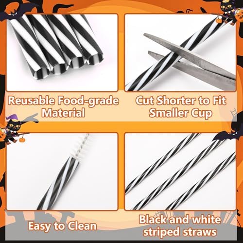 JANYUN 30 Pcs Halloween Straws Plastic, Reusable Black and White Straws