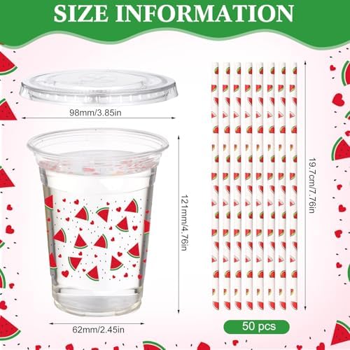 Funnymoom 50 Sets Watermelon Disposable Plastic Cups Bulk with Lids and Straws 16 oz Watermelon Clear Plastic Cups Red Fruit Cold Beverage Drinking Container for Baby Shower Birthday Party Supplies
