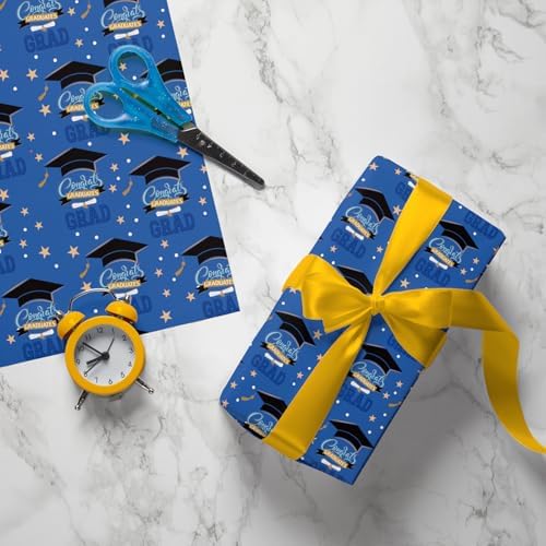 Cuitpan Graduation Wrapping Paper - Gift Wrap for High School & College Graduation 2025,Black Caps,Blue Stripes,Laurel Wreath,Medals Designs,Perfect for Parties Gifts - 8 Sheets, 20 x 29 Inches