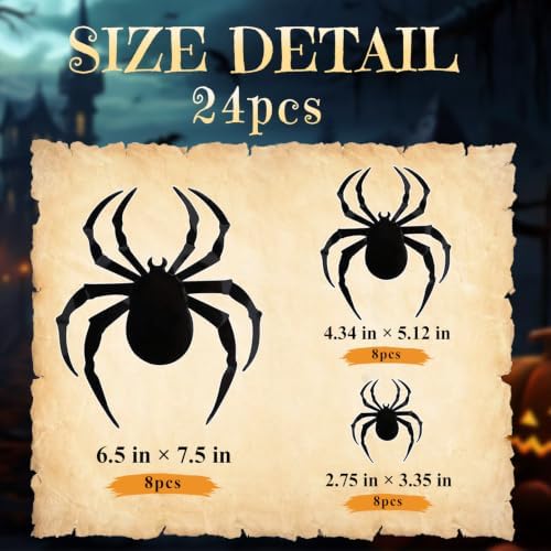 24 PCS Spider Wall Halloween Decorations, Realistic 3D Scary Spiders Wall Stickers for Home, DIY PVC Window Stickers Halloween Party Supplies Indoor