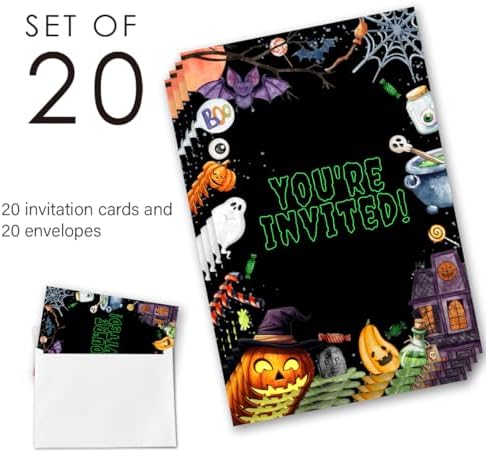 Halloween Birthday Party Invitations Spooky Pumpkin Ghost Theme Invite (20 Cards with Envelopes) Double Sided Design