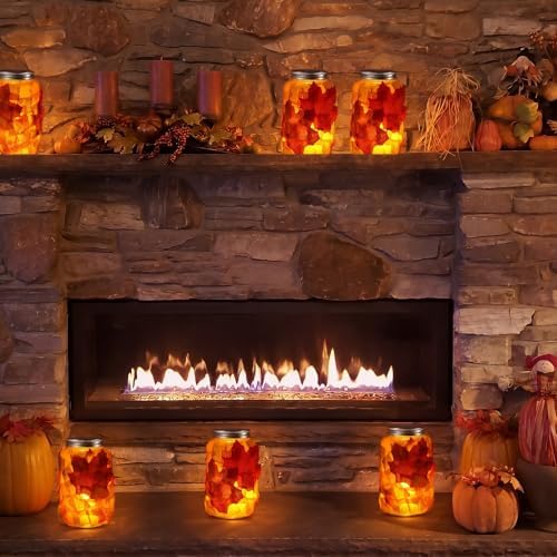 Qinyoung 12 Pcs Fall Crafts Maple Leaves Mason Jars with LED Candle Light