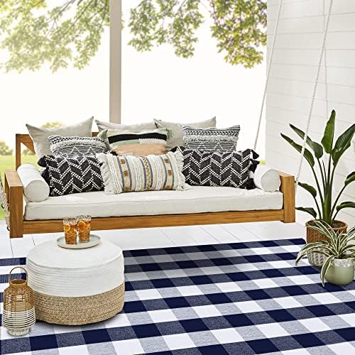 SEEKSEE Buffalo Plaid Rug 4' x 6' Navy Blue and White Large Front Door Mat, Layering Area Rug, Washable Rug for Outdoor Patio Entryway Indoor Living Room Kitchen Dining Room Decor
