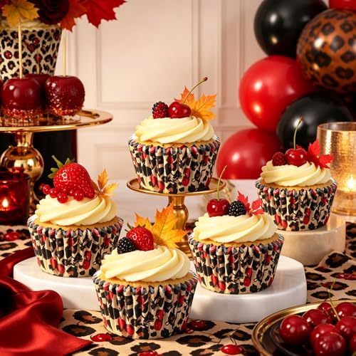 JarThenaAMCS 300 Pcs Leopard Print Cherry Cupcake Liners Cheetah Print Paper Baking Cups Standard Muffin Cupcake Wrappers for Animal Themed Holiday Wedding Baby Shower Birthday Party Supplies
