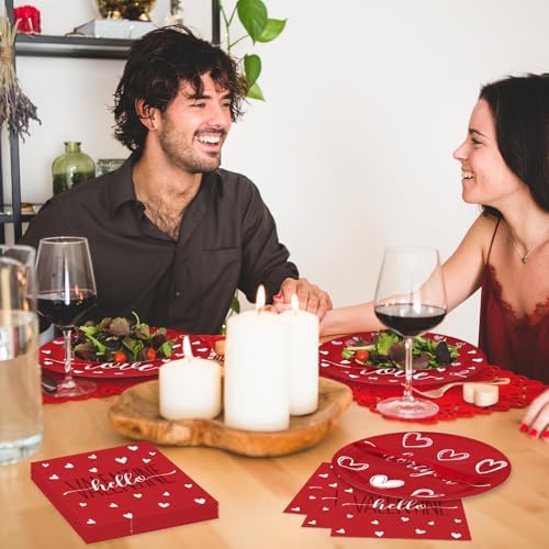 96 Pieces Valentine’s Day Tableware Set – Red and White Disposable Plates, Napkins, and Forks with Heart and Love Designs for Valentine’s Parties Romantic Celebrations – Serves 24 Guests