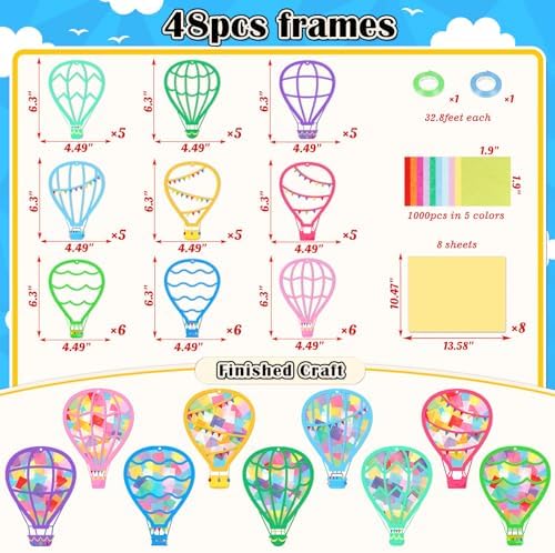 Renbuzhu 48PCS Back to School Crafts: Paper Hot Air Balloon Suncatchers DIY Kits, Summer Window Stained Glass Effect Art Supplies