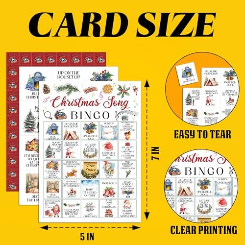 Christmas Bingo Game, Christmas Song Party Game Cards for Adults, 24 Players Winter Holiday Activities for Family Friends, Large Xmax Musical Party Party Supplies Favor Decor, (004)
