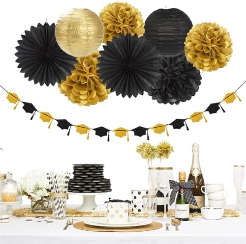 Black Gold Graduation Party-Decorations Garland - 36pcs Congrats Grad Class 2026 Banner,Hat Hanging Streamers,College High School Congratulations Master Celebration Classroom Backdrop Decor Burgleda