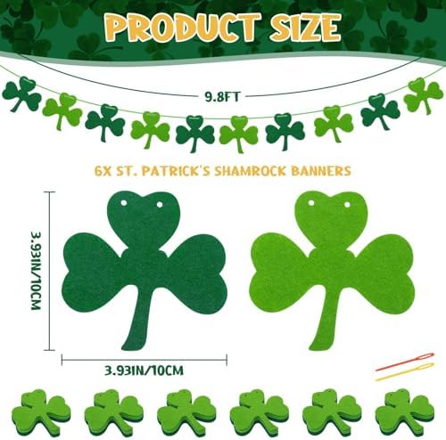 RAINFLOW 60PCS St Patrick's Day Shamrock Garland - 9.8FT Felt Clover Banner