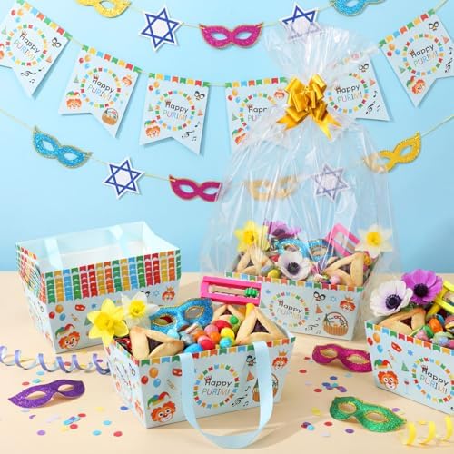 Moinchore 12 Set Happy Purim Basket for Gifts Empty 9.8x6.5'' Clown Market Tray Cardboard with Bows, Cellophane Bags, Twist Tiles, Empty to Fill for Purim Birthday Bridal Wedding Party Supply