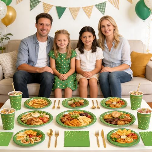 168Pcs Green and Gold Paper Plates and Napkins Party Supplies for 24 Guest