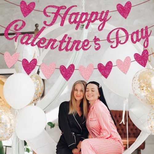 Galentine's Day Decorations Kit - Happy Galentine's Day Banner & Heart Glitter Banners Set, Pre-Strung No DIY, Romantic Decor for Girls Night Party, Valentine's Day, Friendship Celebration