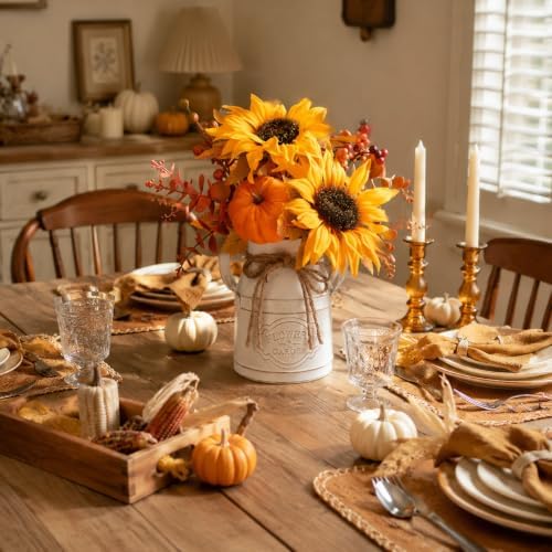 Fall Thanksgiving Centerpieces for Dinner Tables, Faux Floral Metal Potted Plants with Maple Leaf Pumpkin Berry Stems, for Indoor Kitchen Home Autumn Farmhouse Mantel Decor