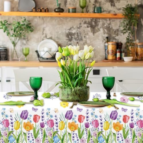 3-Piece 54 x 108 Inch Spring Tulip Floral Plastic Tablecloth – Colorful Wildflower Disposable Rectangle Table Covers with Botanical Border Design for Garden Party, Easter and Spring Celebrations