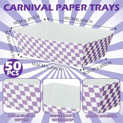 Geosar 100 Pcs Gingham Paper Food Tray with Wax Paper,Purple White