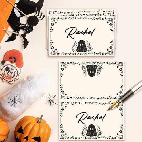 Halloween Place Cards for Table Setting, Ghost Tent Cards Decor For Birthday Baby Shower Autumn Party Reception Decorations, Bridal Shower Place Card, 25 Pack Birthday Food Name Card 2 x 3.5" /034