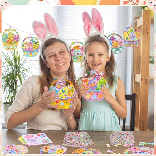 Funrous 48 Sets Crafts Kit Paper Crafts DIY Make Your Own Hanging Ornaments with Pompoms Diamond Stickers for Holiday Classroom Activities Party Favors, Easter Basket