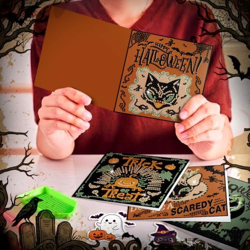 Saillong 12 Pack Halloween Diamond Painting Greeting Card Kits DIY Halloween Diamond Art Cards with Envelopes Green Black Cat Skull 5D Rhinestones Painting Kit for Adults DIY Craft Family Friend Gifts
