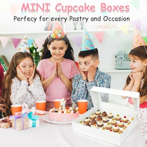 2 Pack White Cupcake Boxes with Cake Boards for 24 MINI Cupcakes, Food Grade Dessert Muffins Box Cupcake Carrier Containers with Window and Inserts for Birthday Holiday Party Bakery Supplies