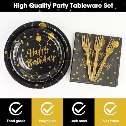 96PCS Happy Birthday Plates and Napkins Party Supplies, Black and Gold Disposable Paper Plates and Napkins with Forks Tableware Set for Birthday Party Decorations 24 Guests (Birthday Black)