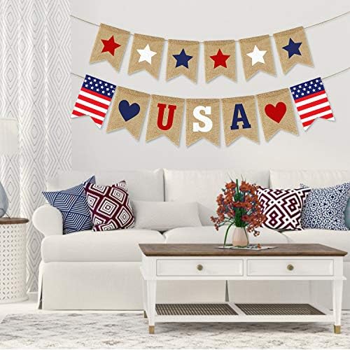 USA Banner Burlap 4th of July Decorations Rustic Patriotic Banner Red White Blue Stars Bunting Garland for President Day 4th of July Party Supplies 4th of July Patriotic Outdoor Indoor hanging Decor