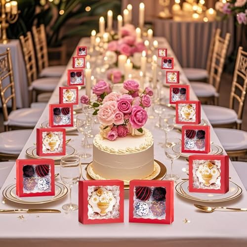 50 Pack 4x4x2 inches Red Bakery Boxes with Window - Macaron Cookie Chocolate Truffle Strawberry & Mini Cake Gift Boxes for Valentine's Parties Birthdays Wedding, Christmas Favors