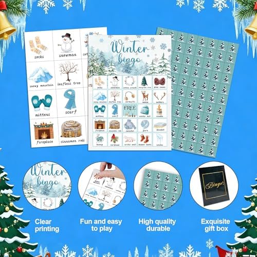Christmas Party Bingo Game Cards, Winter Bingo Set for Adults Large Group, Winter Holiday Fun Party Games, Xmas Activities Icebreaker Games, for Family Friends, 02