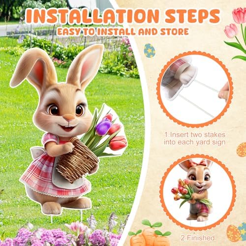 Bucherry 8 Pcs Lighted Easter Yard Signs with Stakes, LED String Lights & Face Hole Photo Booth Props, Waterproof Bunny Chick Lawn Decorations for Outside Spring Garden Egg Hunt Party Decor