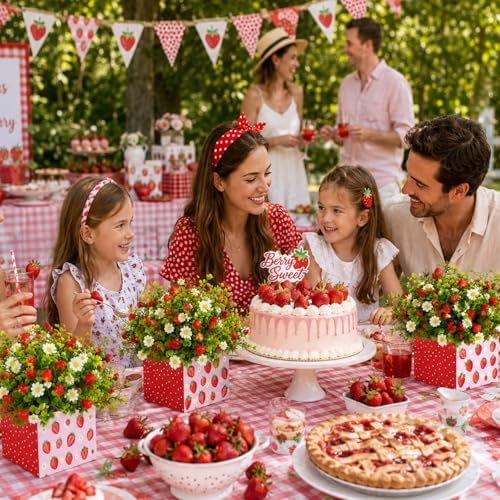 Cinrobiye 24 Pcs Strawberry Party Centerpieces, Berry First Birthday Decorations, Sweet Strawberry Flower Boxes for Table Decor, Baby Shower, Birthday Party, Wedding, Candy and Dessert Display