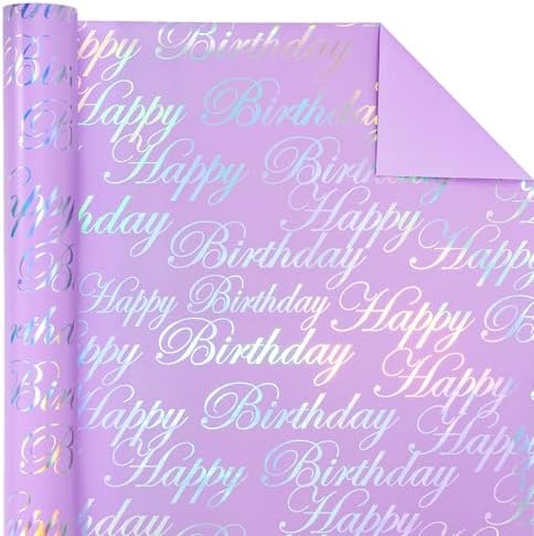 WRAPAHOLIC 30 Inch Reversible Birthday Wrapping Paper - 30 Inch x 33 Feet - Puprle and Silver Foil Happy Birthday Wrapping Paper for Girls, Women, Kids, Baby Shower