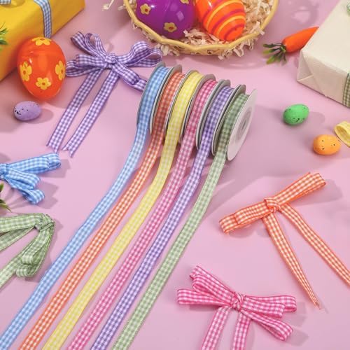 DECYOOL Gingham Ribbon 6 Rolls 60 Yards Spring Plaid Ribbon for Gift Crafts