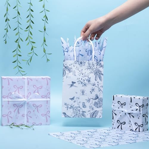 Larcenciel Bow Gift Wrapping Tissue Paper, Coquette Bow Pattern in Blue Pink Black, Pretty Tissue Paper for Gift Bags Craft Art Packaging Supplies for Birthday Wedding Holiday Decor, 60 Sheets 20x14in