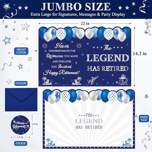 WNINK Blue Silver Retirement Card for Men Women, Jumbo Happy Retirement Guest Book Card with Envelope, Large Farewell Signing Card, The Legend Has Retired Party Decorations Gift