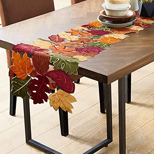 OWENIE Leaves Fall Table Runner, Fall Decor for Home, Thanksgiving Runner, 13 Inch x 70 Inch, Embroidered Harvest Maple Leaf Decoration for Autumn, Applique Dresser Scarf