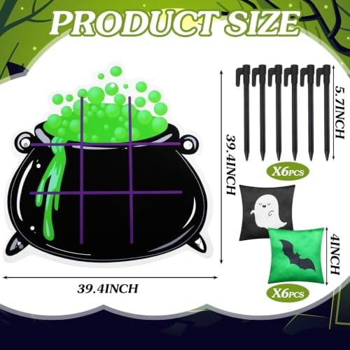 Hollowfly Halloween Tic Tac Toe Bean Bag Game Bubbling Cauldron Party Favors Bean Pillow Cushion Family Night Halloween Activities 1 Pot Felt Mat 10 Bats and Ghosts Bags for Outdoor Yard Background