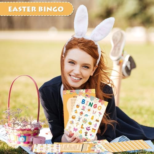 YQUQWN Easter Bingo Game 24 Players Colorful Egg Spring Bingo Cards with Bunny Chick Basket Icons Happy Easter Party Supplies for Holiday Activities