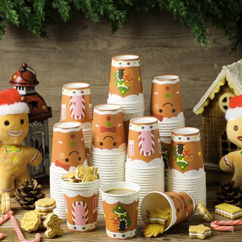 Funtery 100 Pcs Gingerbread Man Paper Cups, 9 oz Christmas Disposable Cups