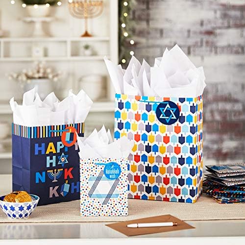 Hallmark Hanukkah Gift Bag Assortment (8 Gift Bags: 3 Small 6", 3 Medium 9", 2 Large 13") Star of David, Dreidels, Happy Hanukkah in Navy Blue, Orange, Yellow