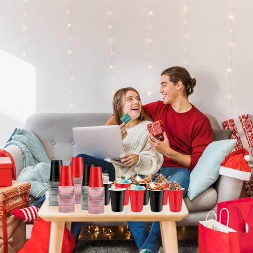 120 PCS Red And Black Disposable Plastic Cups Happy New Year Plastic Cups 16 oz red black Party Cups for Party Wedding Birthday Family Gatherings & Games and Festive Celebrations