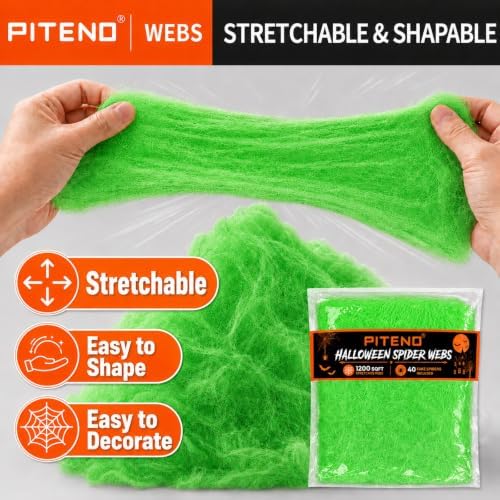 Piteno® 1200 sqft Spider Webs Halloween Decorations with 40 Fake Spiders, Stretchable Halloween Spider Webs for Indoor Outdoor Haunted House Yard Porch Party Decor (Green)