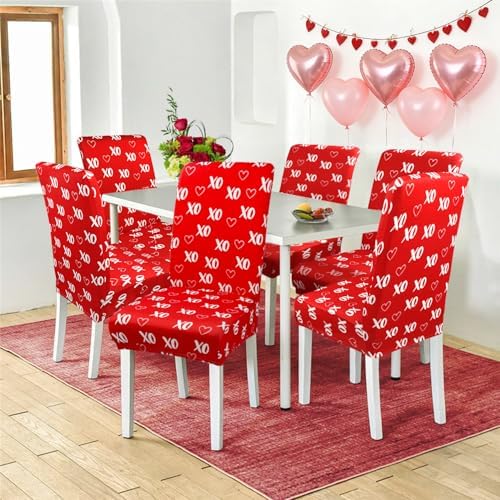 Valentine's Day Chair Covers for Dining Room Set of 6 Valentines Heart Dining Chair Slipcovers 6 Pcs Stretch Removable Washable Seat Protector 6 Pack for Valentine Home and Party Decor
