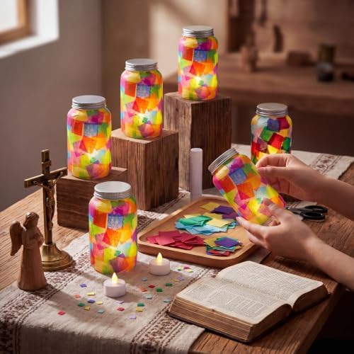 Qinyoung 12 Pcs Coloring Rainbow Mason Jars Crafts DIY Suncatchers