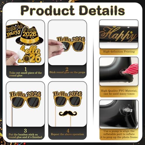 2026 New Year Photo Booth Inflatable Frame Kit, 30Pcs New Years Photo Booth Props with Inflatable Picture Frame Black Gold Decorations for New Year Eve Party Selfie Props Supplies